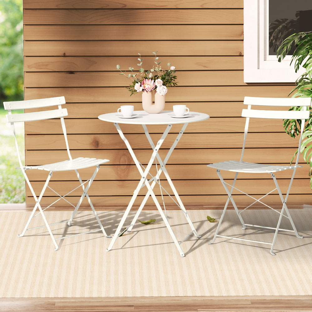 3PC Chic Outdoor Table & Chair Folding Bistro Patio Setting - White Homecoze