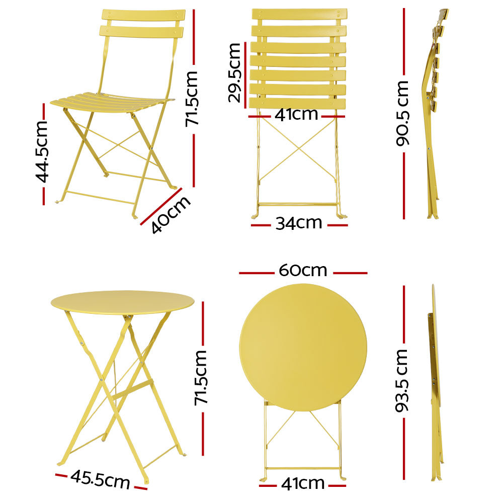 3PC Chic Outdoor Table & Chair Folding Bistro Patio Setting - Yellow Homecoze