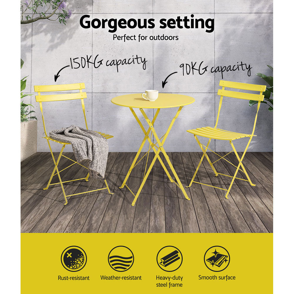 3PC Chic Outdoor Table & Chair Folding Bistro Patio Setting - Yellow Homecoze