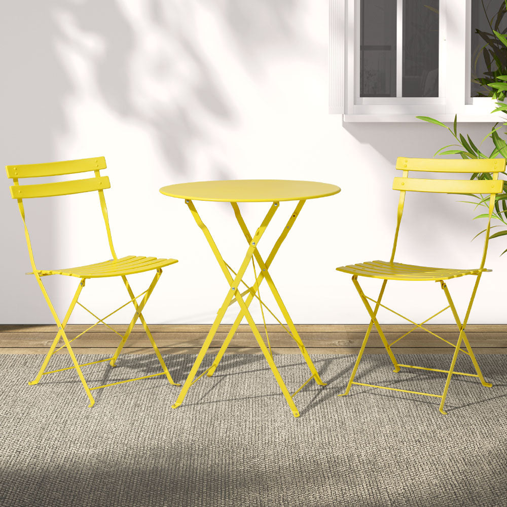 3PC Chic Outdoor Table & Chair Folding Bistro Patio Setting - Yellow Homecoze