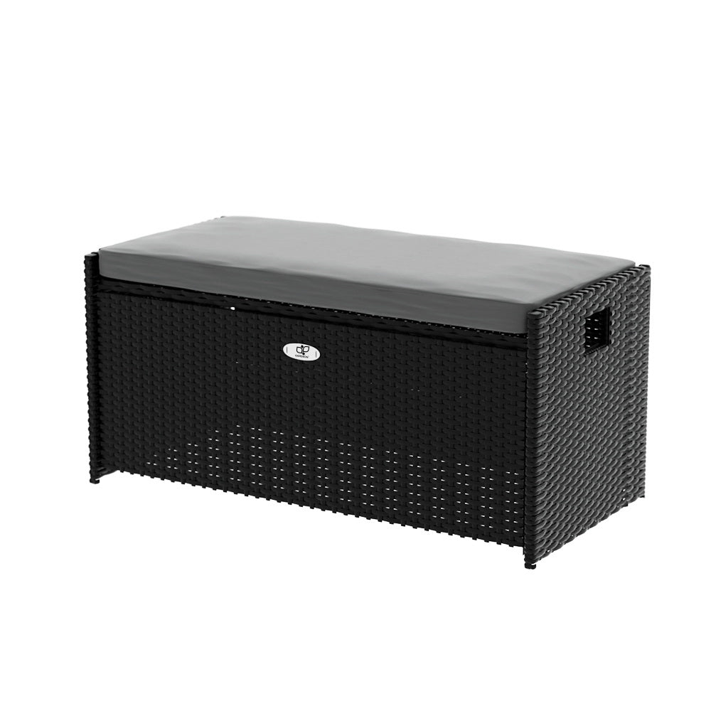 102L Outdoor Chest Wicker Padded Bench Seat Garden Storage Box - Black Homecoze