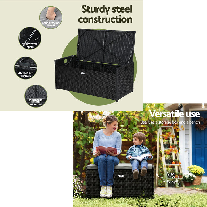 102L Outdoor Chest Wicker Padded Bench Seat Garden Storage Box - Black Homecoze