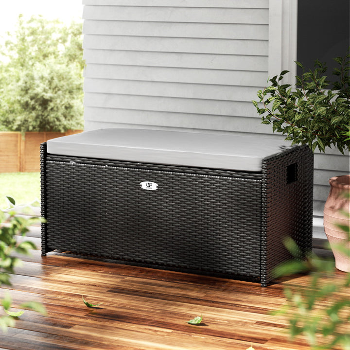 102L Outdoor Chest Wicker Padded Bench Seat Garden Storage Box - Black Homecoze