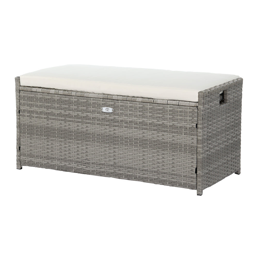 102L Outdoor Chest Wicker Padded Bench Seat Garden Storage Box - Grey Homecoze