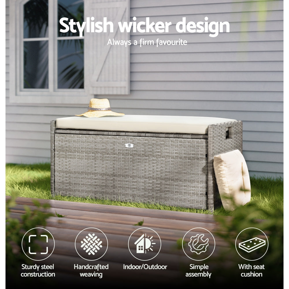 102L Outdoor Chest Wicker Padded Bench Seat Garden Storage Box - Grey Homecoze
