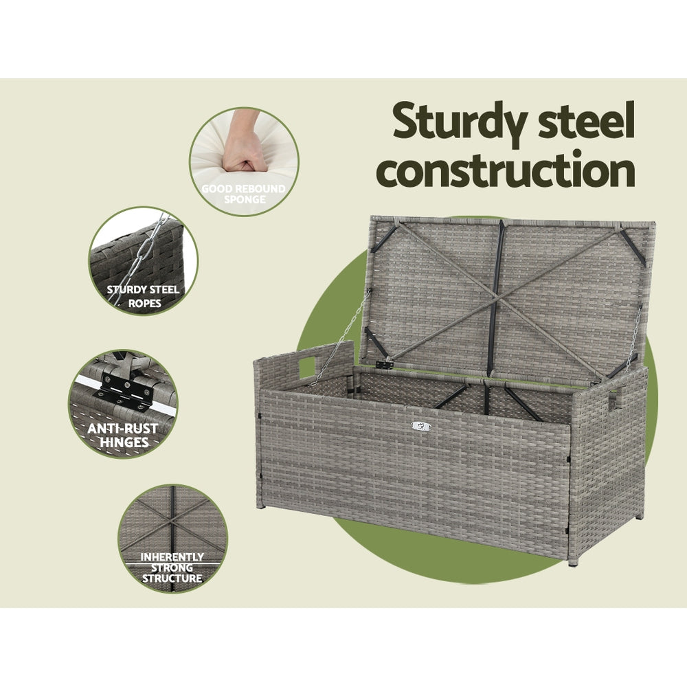102L Outdoor Chest Wicker Padded Bench Seat Garden Storage Box - Grey Homecoze