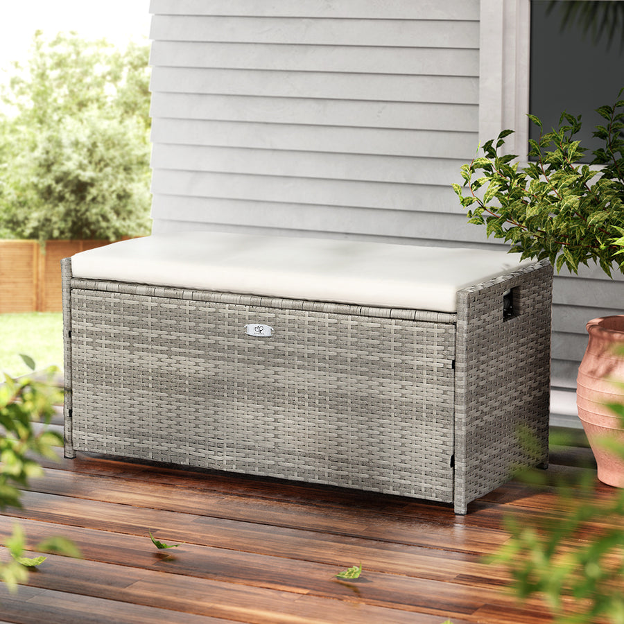 102L Outdoor Chest Wicker Padded Bench Seat Garden Storage Box - Grey Homecoze