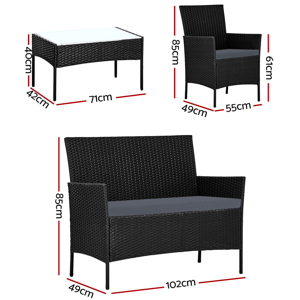 4 Piece Wicker Outdoor Patio Table & Chair Set with Storage Cover - Black/Grey Homecoze