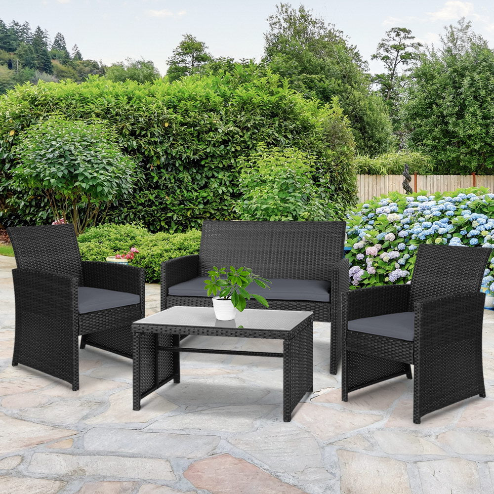 4 Piece Wicker Outdoor Patio Table & Chair Set with Storage Cover - Black Homecoze