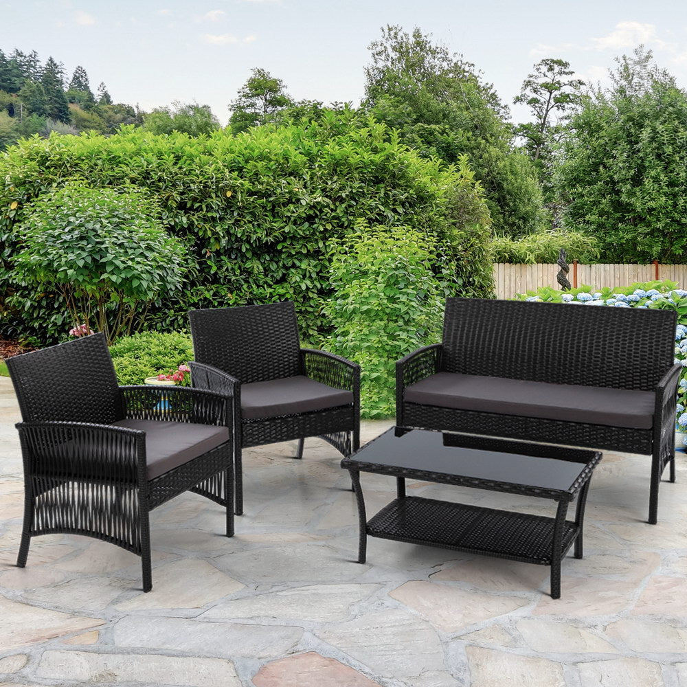 4 Piece Harp Style Wicker Outdoor Furniture Set - Black Homecoze