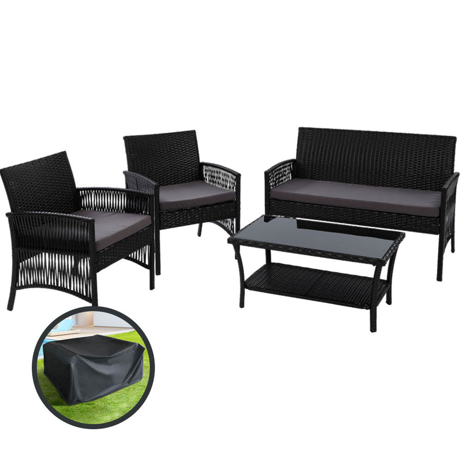 4PC Wicker Harp Style Outdoor Patio Table & Chair Set with Storage Cover - Black Homecoze