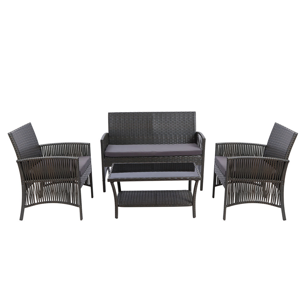 4 Piece Harp Inspired Wicker Outdoor Patio Table & Chair Set - Dark Grey Homecoze