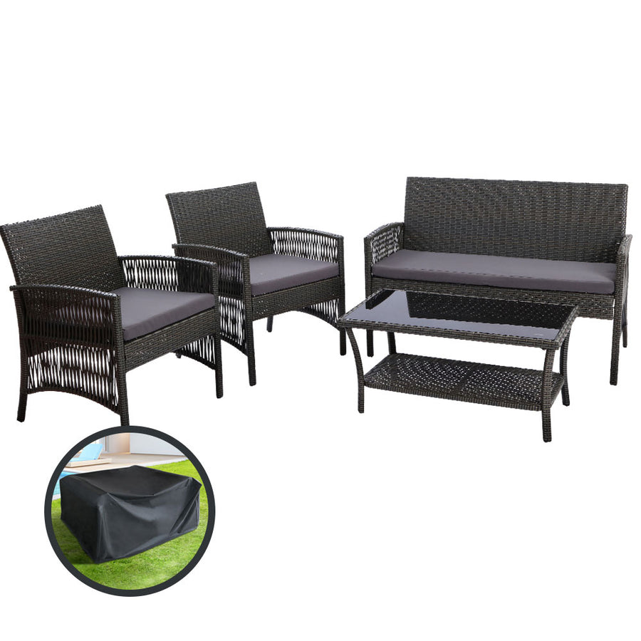 4PC Wicker Harp Style Outdoor Patio Table & Chair Set with Storage Cover - Dark Grey Homecoze