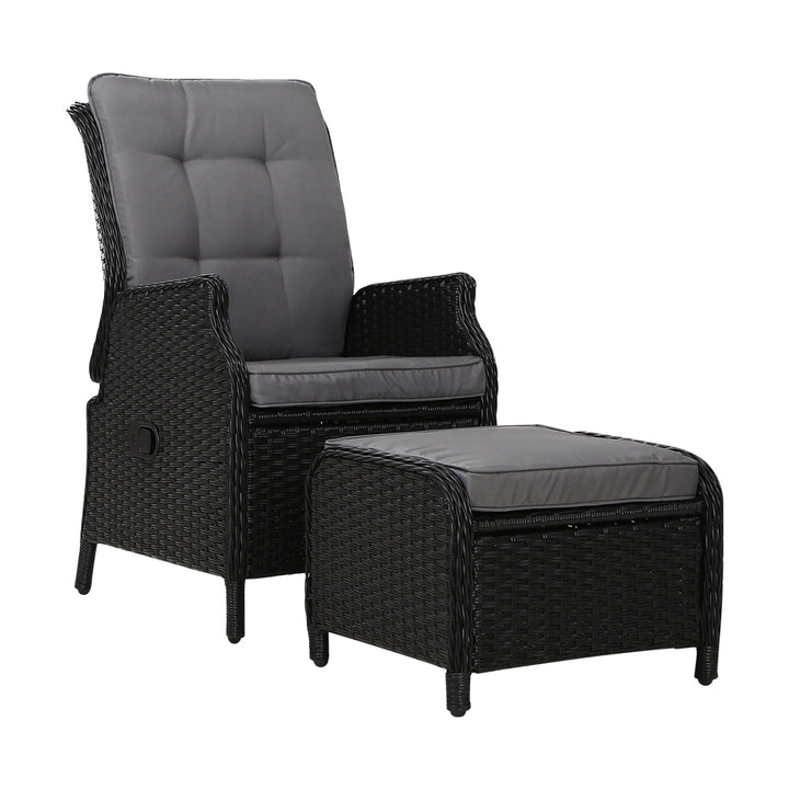 Wicker Classic Reclining Sun Lounge Sofa Chair & Ottoman Set - Black & Grey Homecoze