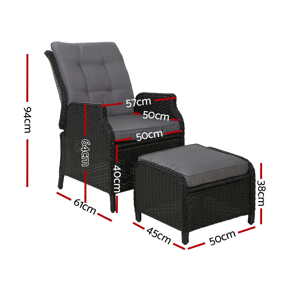 Wicker Classic Reclining Sun Lounge Sofa Chair & Ottoman Set - Black & Grey Homecoze