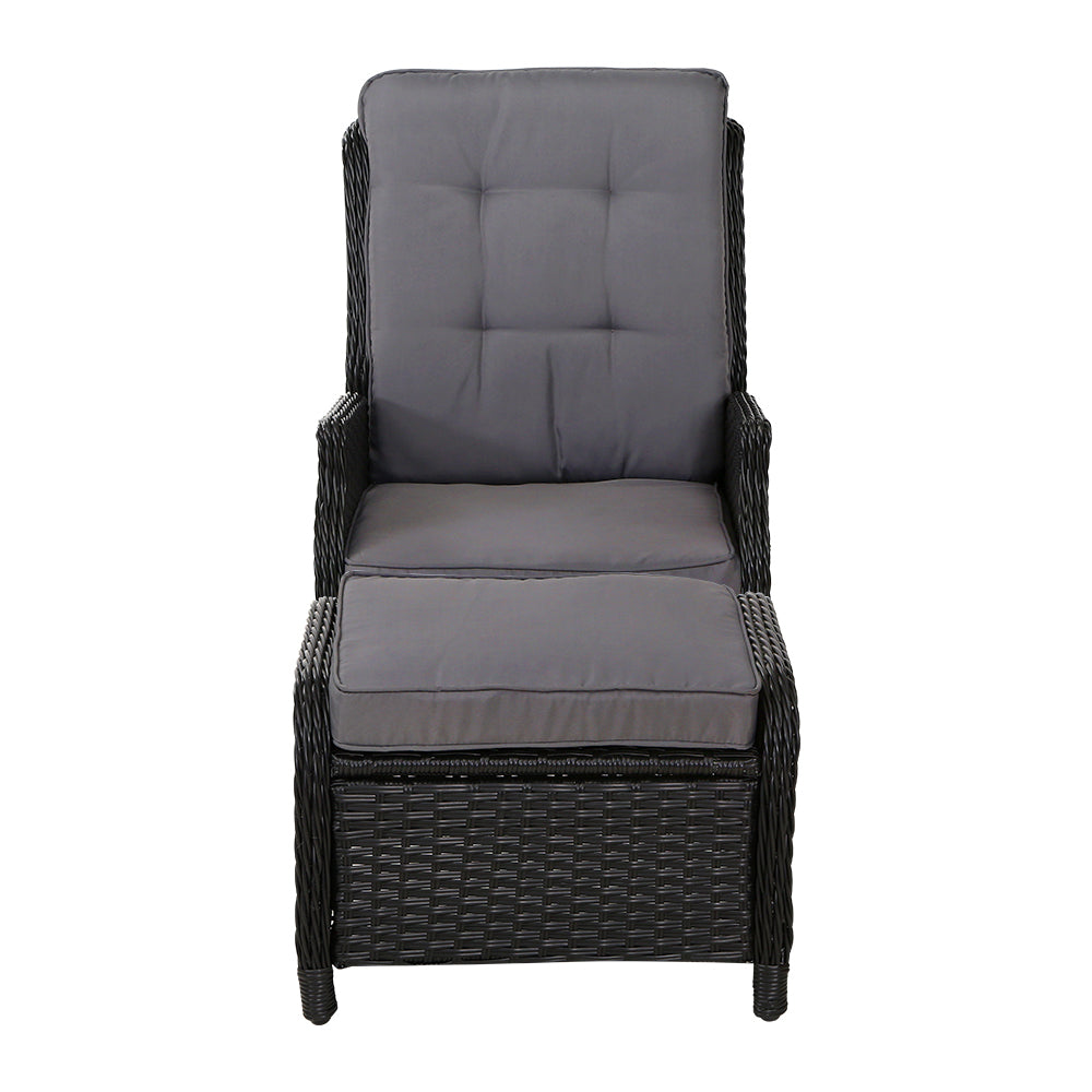 Wicker Classic Reclining Sun Lounge Sofa Chair & Ottoman Set - Black & Grey Homecoze