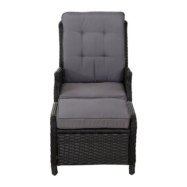 Wicker Classic Reclining Sun Lounge Sofa Chair & Ottoman Set - Black & Grey Homecoze