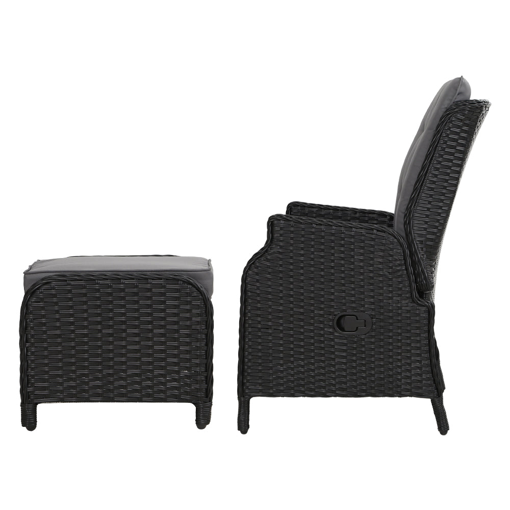 Wicker Classic Reclining Sun Lounge Sofa Chair & Ottoman Set - Black & Grey Homecoze