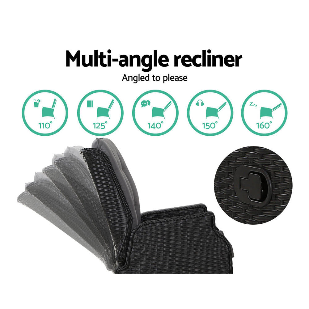 Wicker Outdoor Recliner Chair & Ottoman Set - Black - Homecoze