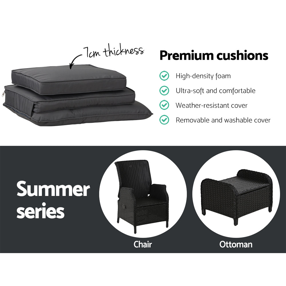 Wicker Classic Reclining Sun Lounge Sofa Chair & Ottoman Set - Black & Grey Homecoze