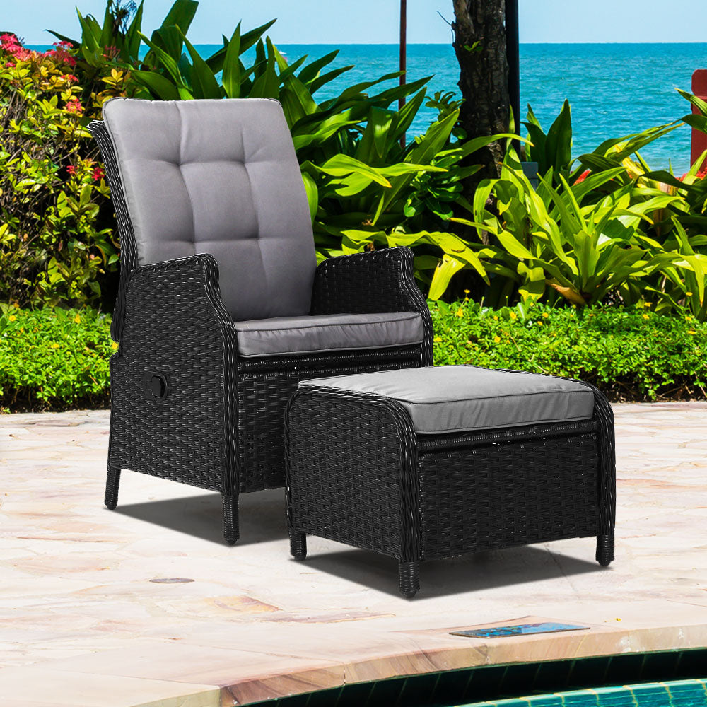 Wicker Classic Reclining Sun Lounge Sofa Chair & Ottoman Set - Black & Grey Homecoze