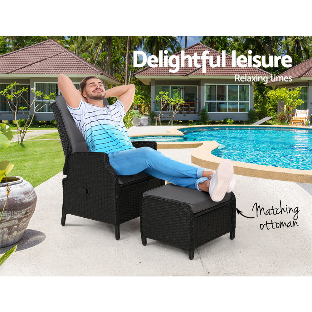 Wicker Outdoor Recliner Chair & Ottoman Set - Black - Homecoze