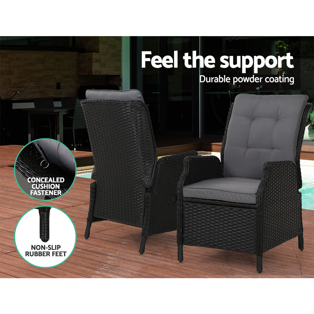 Wicker Classic Reclining Sun Lounge Sofa Chair & Ottoman Set - Black & Grey Homecoze