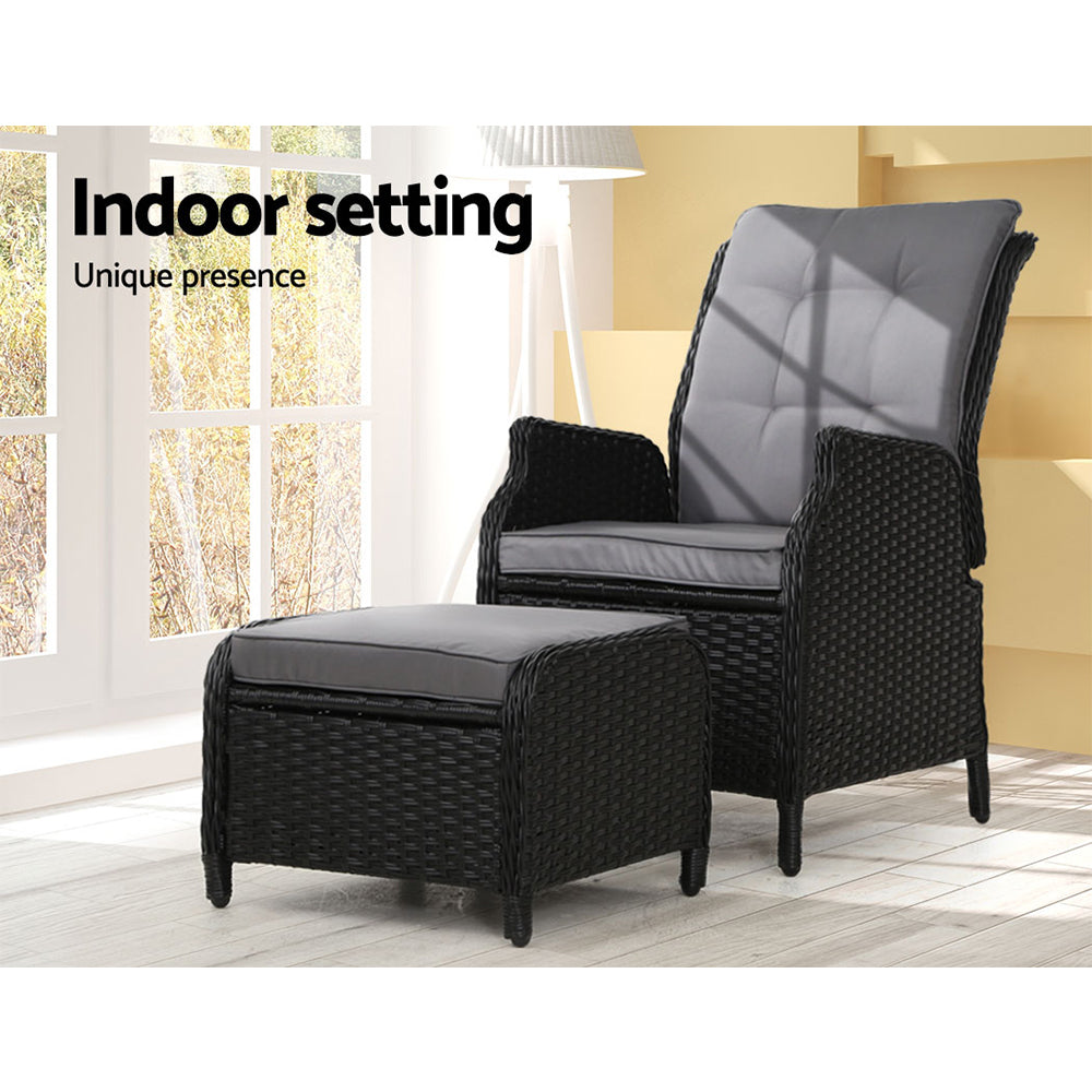 Wicker Classic Reclining Sun Lounge Sofa Chair & Ottoman Set - Black & Grey Homecoze