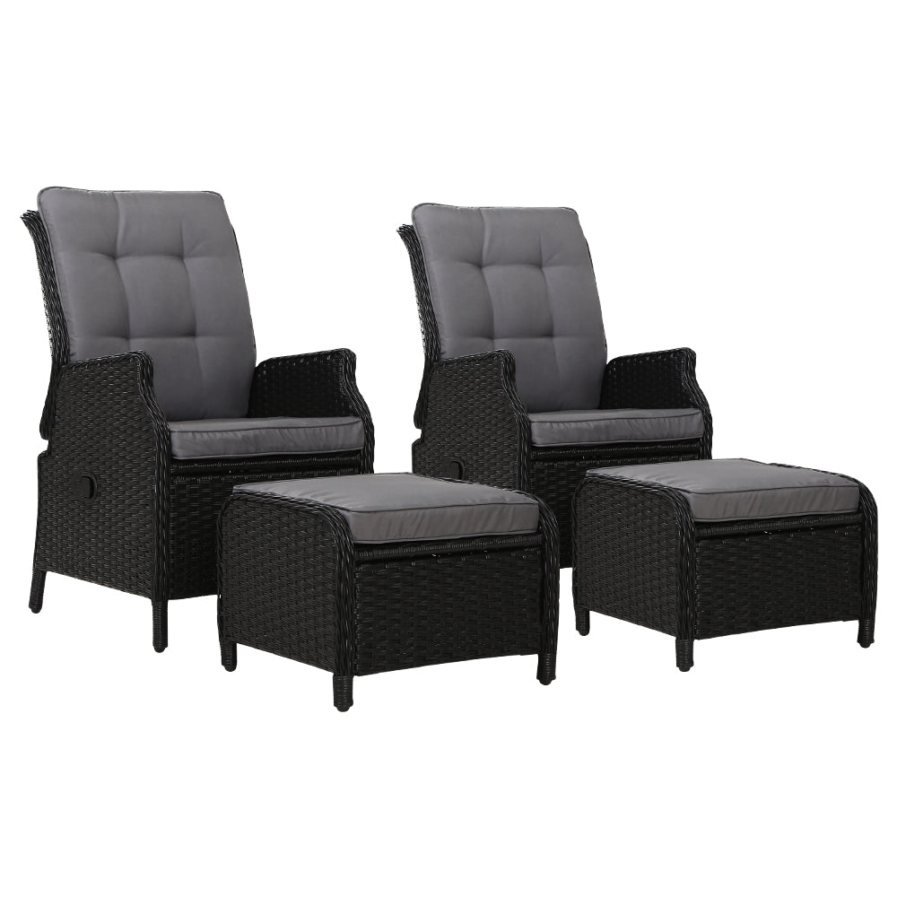 Set of 2 Wicker Outdoor Recliner Chairs & Ottoman Set - Black - Homecoze