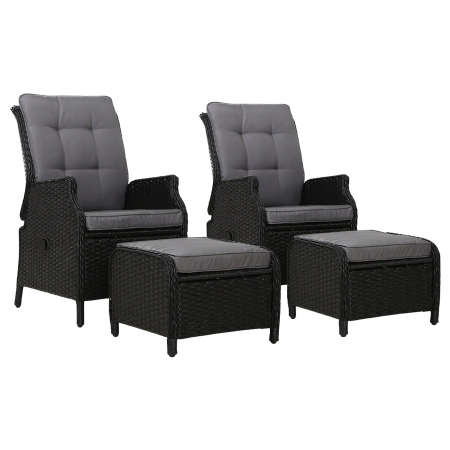Set of 2 Wicker Reclining Sun Lounge Sofa Chair & Ottoman Set - Black & Grey Homecoze