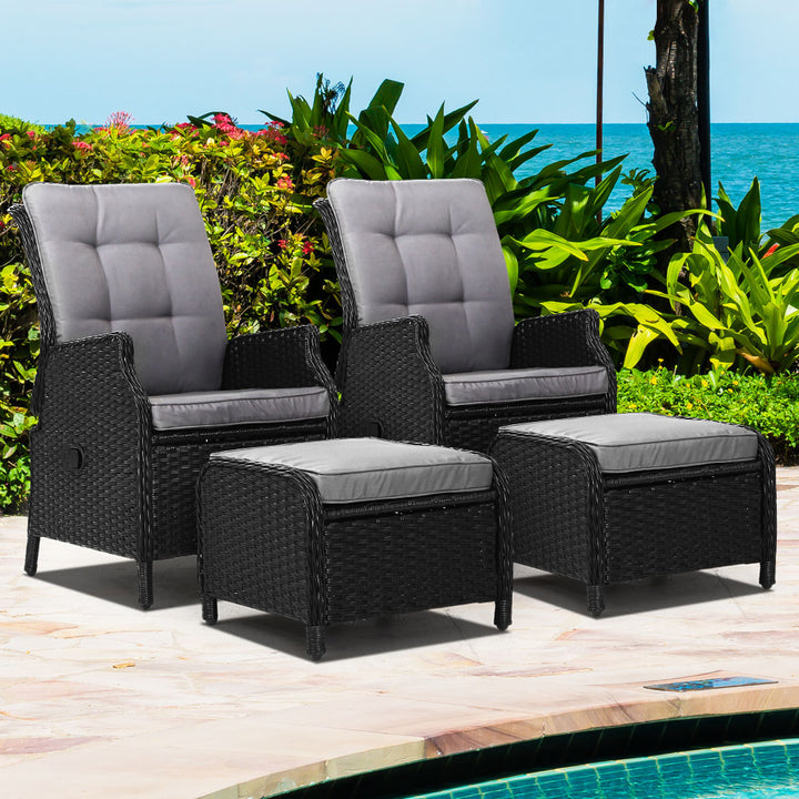 Set of 2 Wicker Reclining Sun Lounge Sofa Chair & Ottoman Set - Black & Grey Homecoze