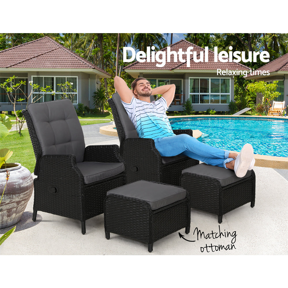 Set of 2 Wicker Outdoor Recliner Chairs & Ottoman Set - Black - Homecoze