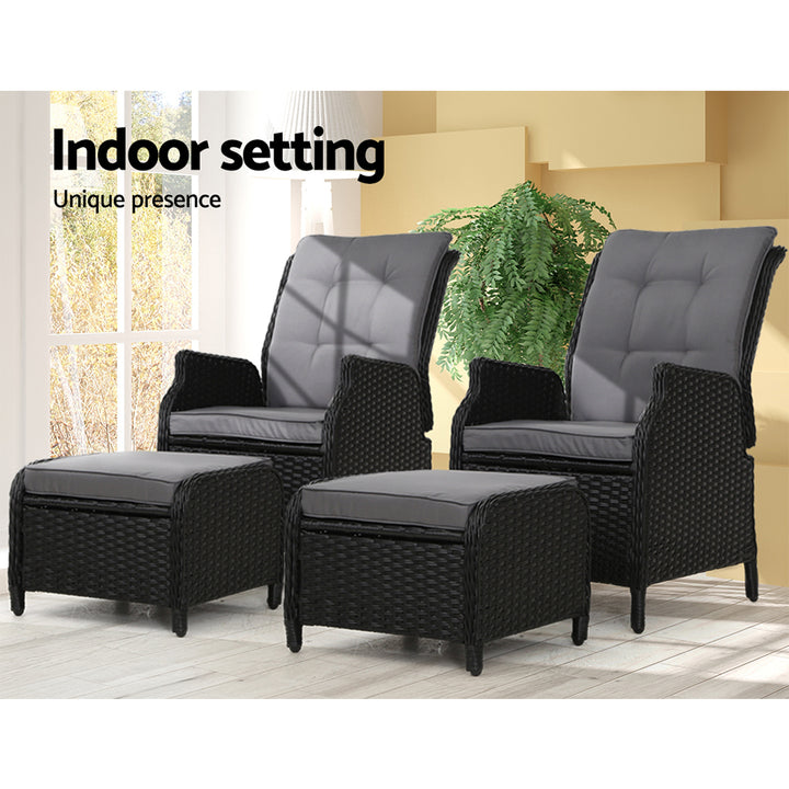 Set of 2 Wicker Reclining Sun Lounge Sofa Chair & Ottoman Set - Black & Grey Homecoze