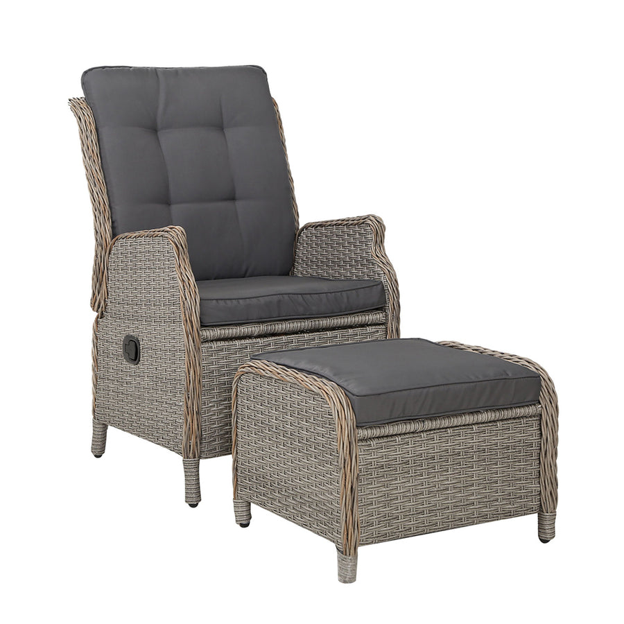 Wicker Reclining Sun Lounge Sofa Chair & Ottoman Set- Grey & Grey Homecoze