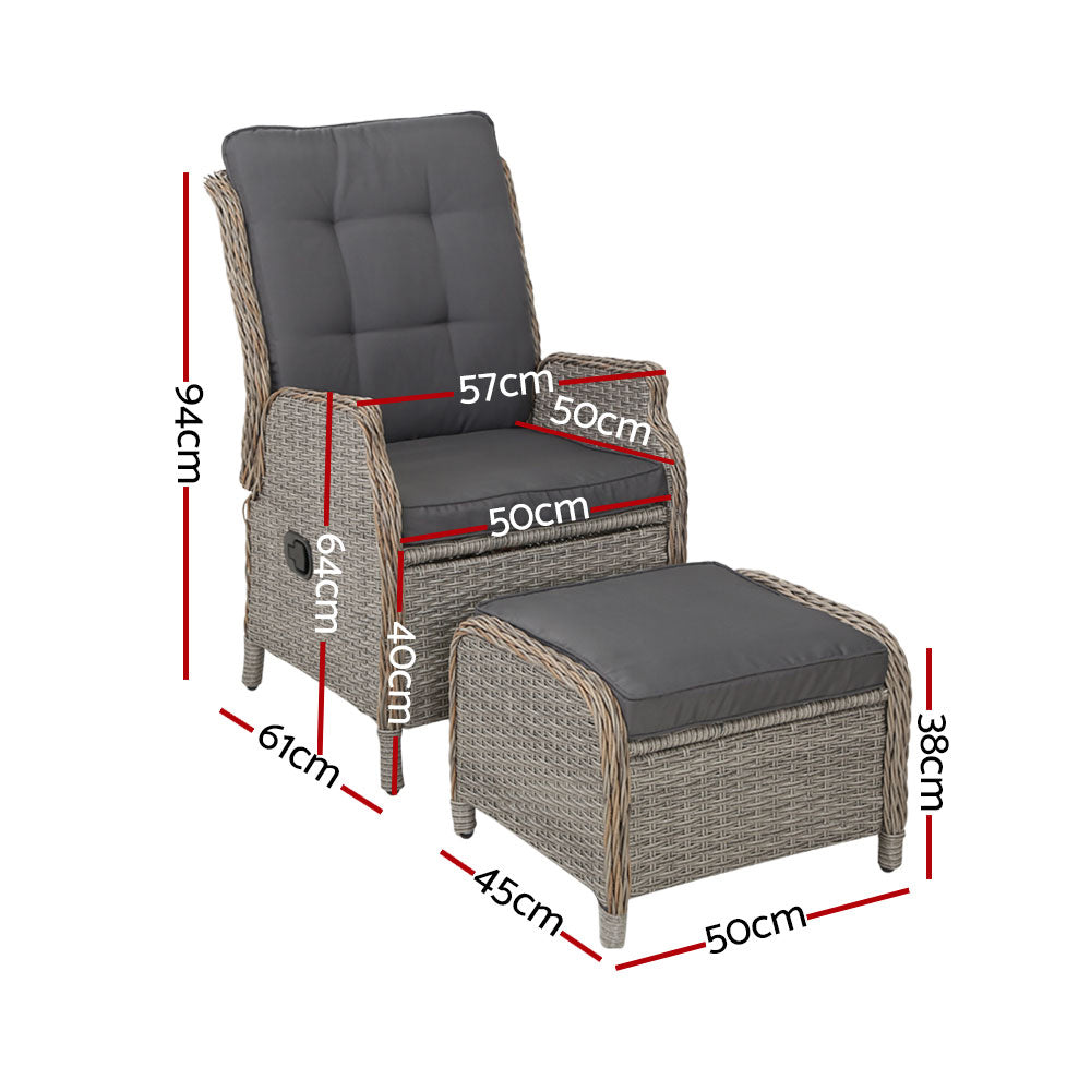 Wicker Outdoor Recliner Chair & Ottoman Set - Grey - Homecoze