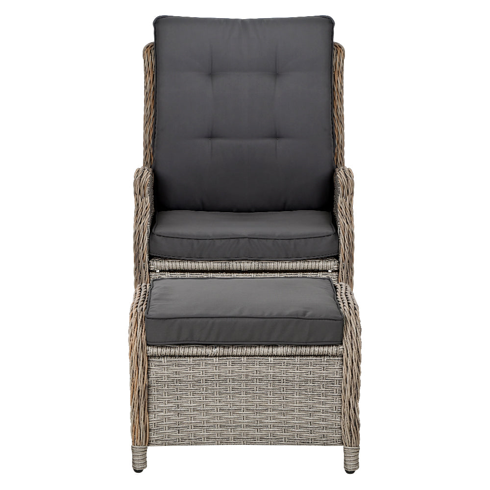 Wicker Reclining Sun Lounge Sofa Chair & Ottoman Set- Grey & Grey Homecoze