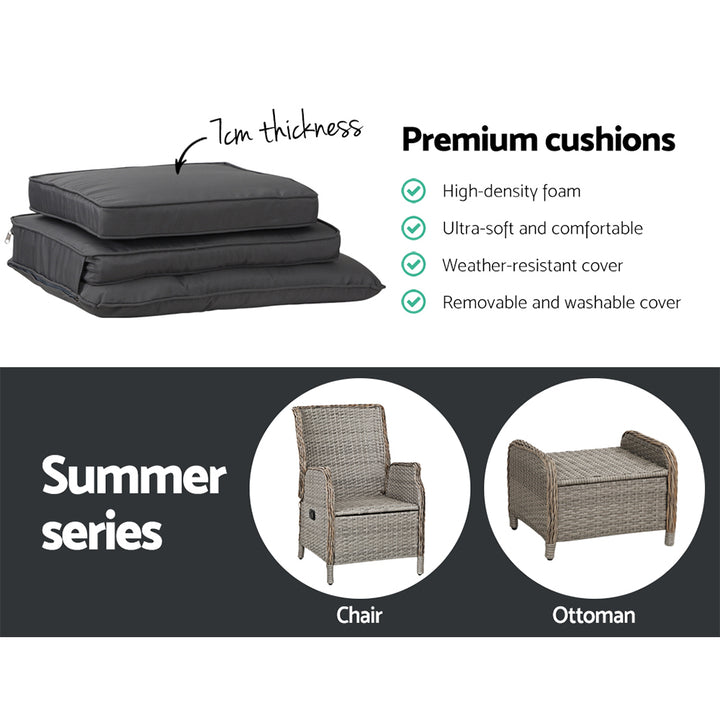 Wicker Reclining Sun Lounge Sofa Chair & Ottoman Set- Grey & Grey Homecoze