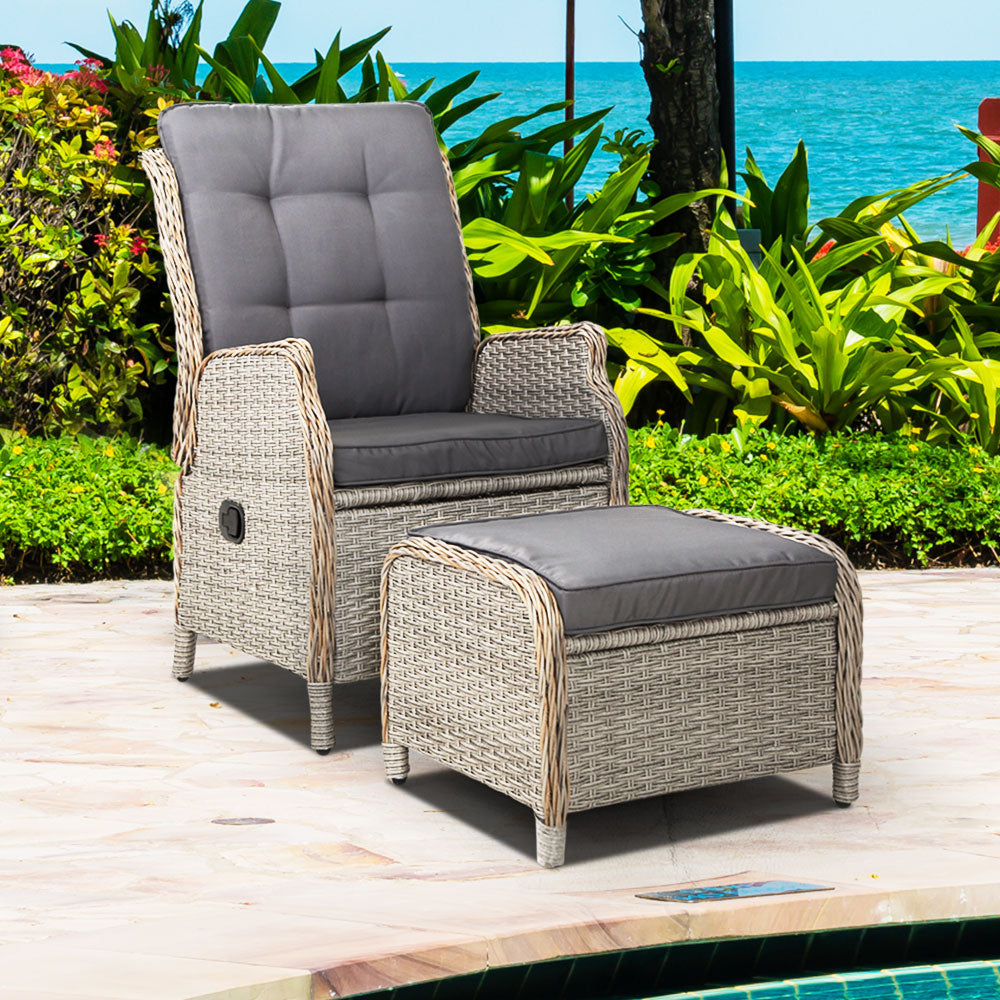 Wicker Reclining Sun Lounge Sofa Chair & Ottoman Set- Grey & Grey Homecoze