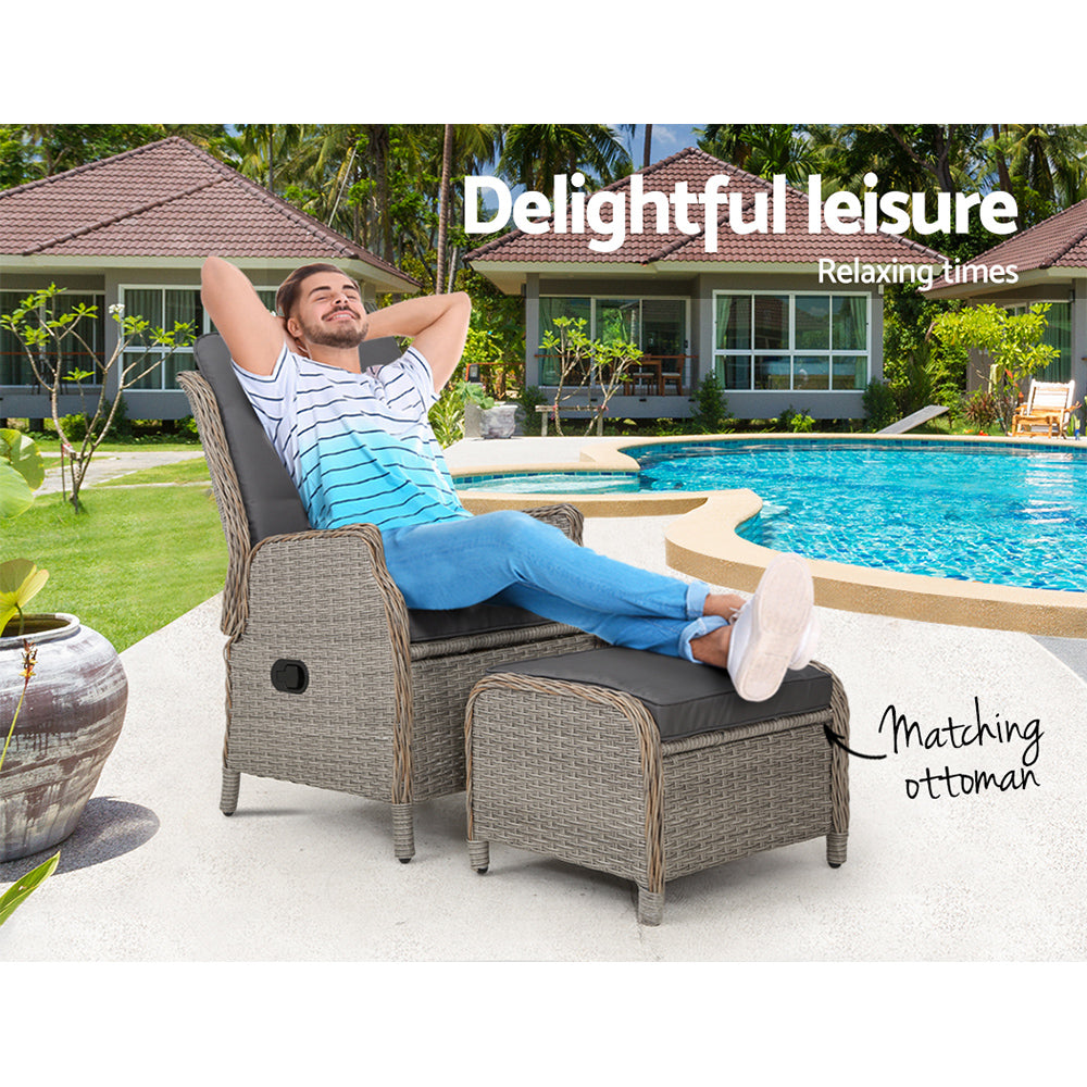 Wicker Outdoor Recliner Chair & Ottoman Set - Grey - Homecoze