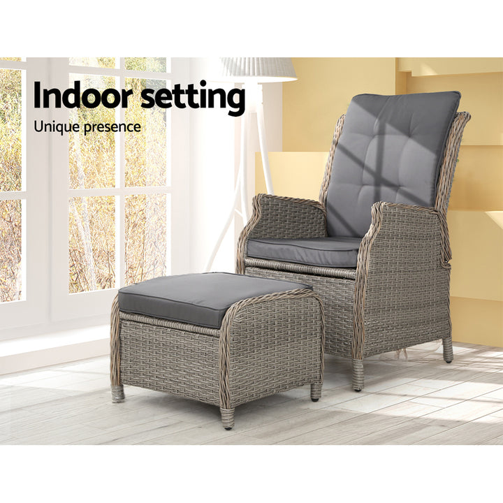 Wicker Reclining Sun Lounge Sofa Chair & Ottoman Set- Grey & Grey Homecoze