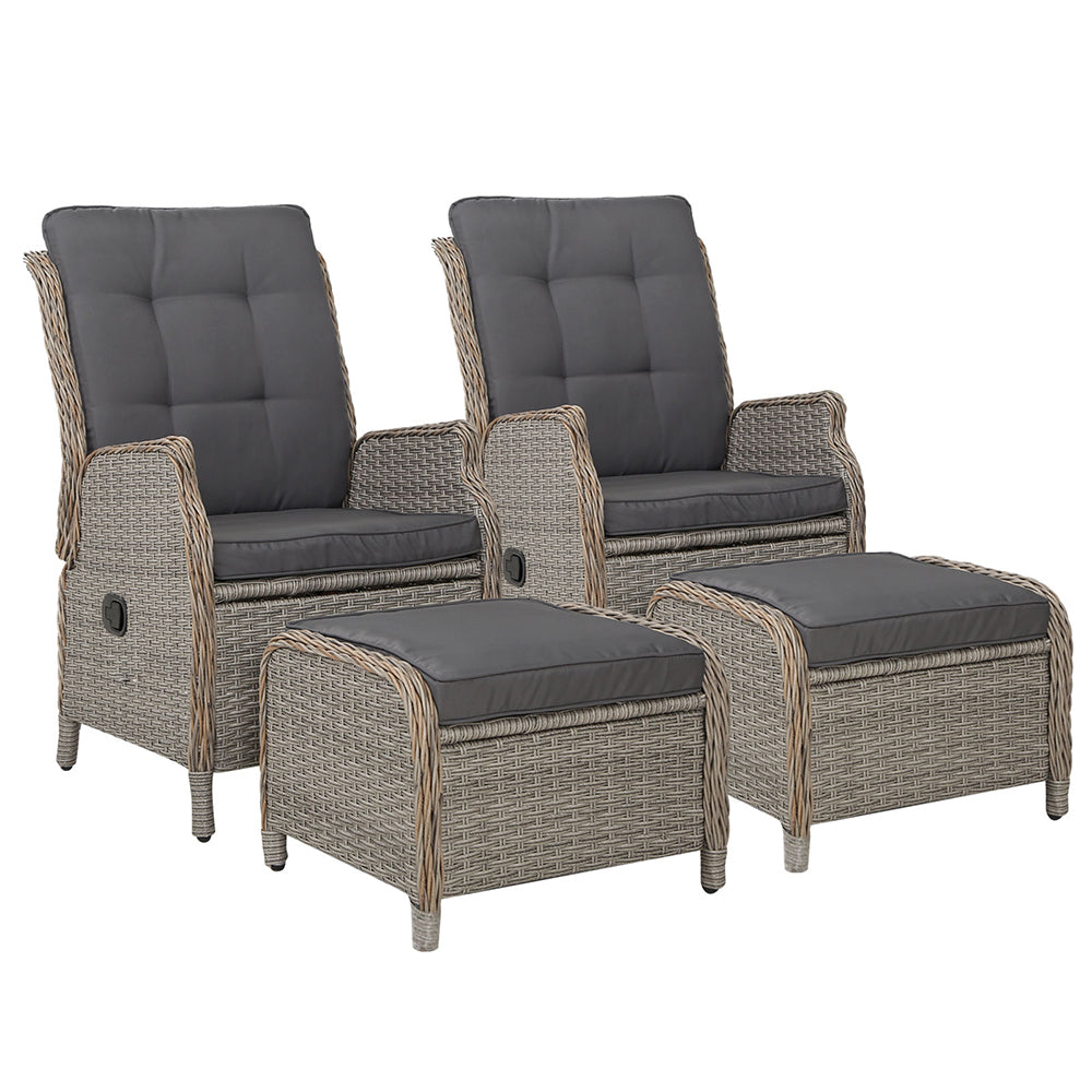 Set of 2 Wicker Outdoor Recliner Chairs & Ottoman Set - Grey - Homecoze
