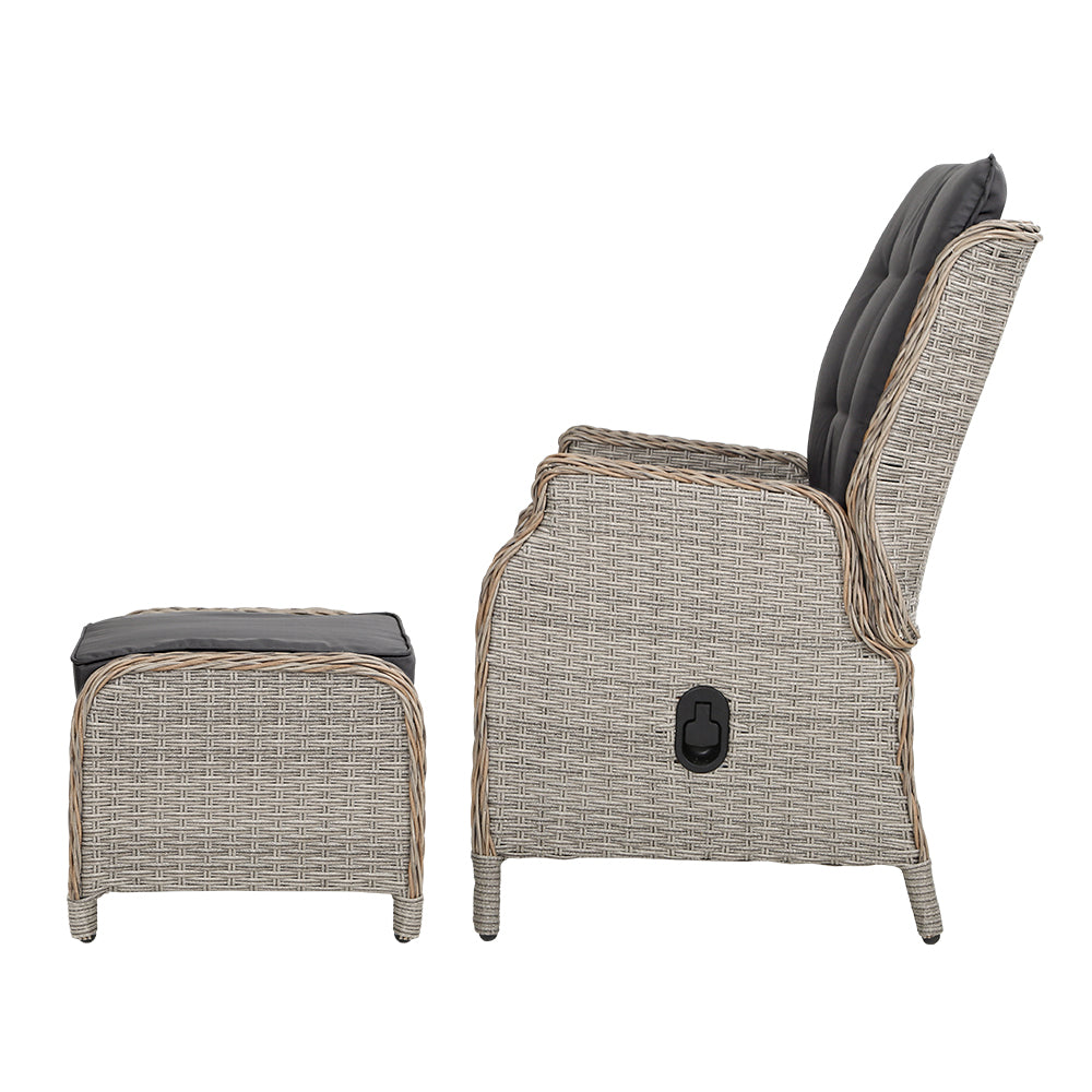 Set of 2 Wicker Outdoor Recliner Chairs & Ottoman Set - Grey - Homecoze