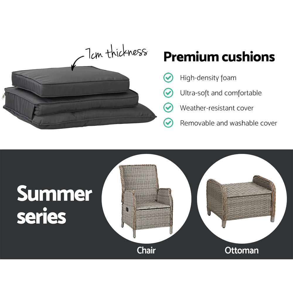 Set of 2 Wicker Outdoor Recliner Chairs & Ottoman Set - Grey - Homecoze