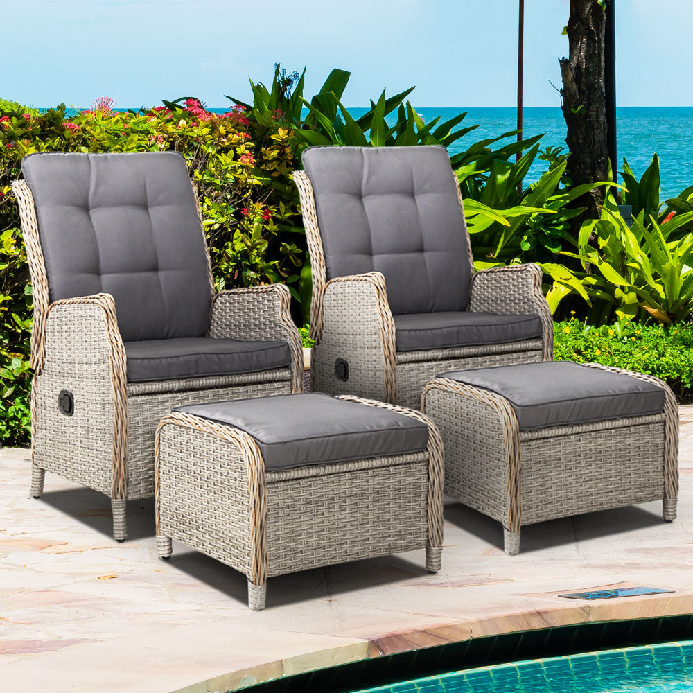 Set of 2 Wicker Reclining Sun Lounge Sofa Chair & Ottoman Set - Grey & Grey Homecoze