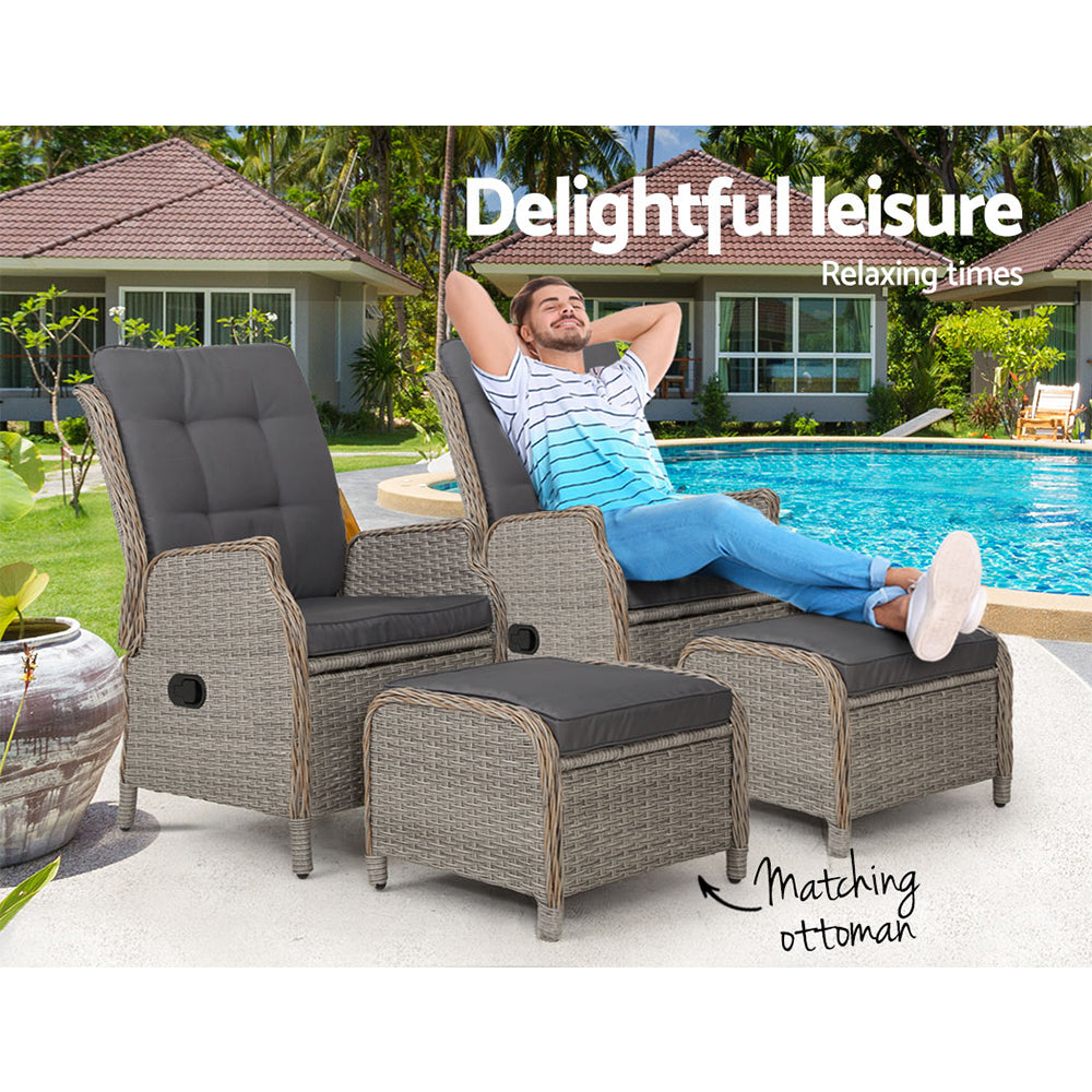 Set of 2 Wicker Outdoor Recliner Chairs & Ottoman Set - Grey - Homecoze