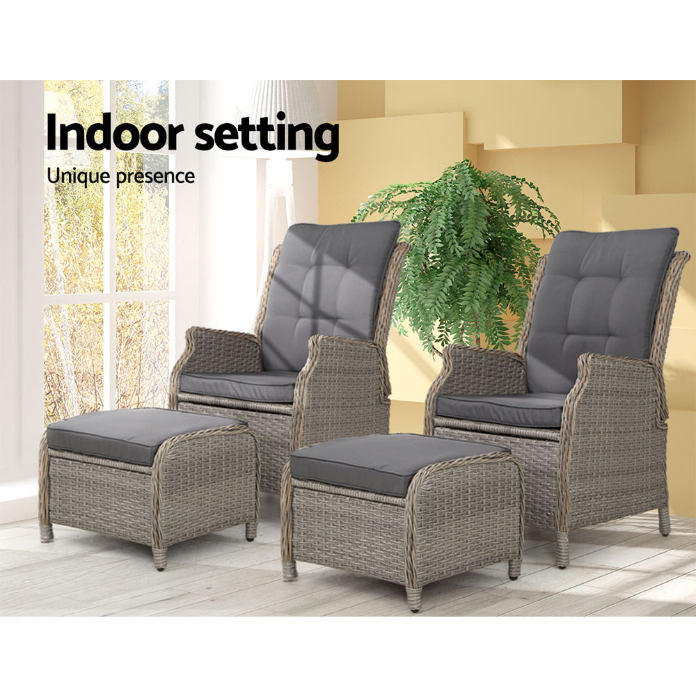 Set of 2 Wicker Outdoor Recliner Chairs & Ottoman Set - Grey - Homecoze