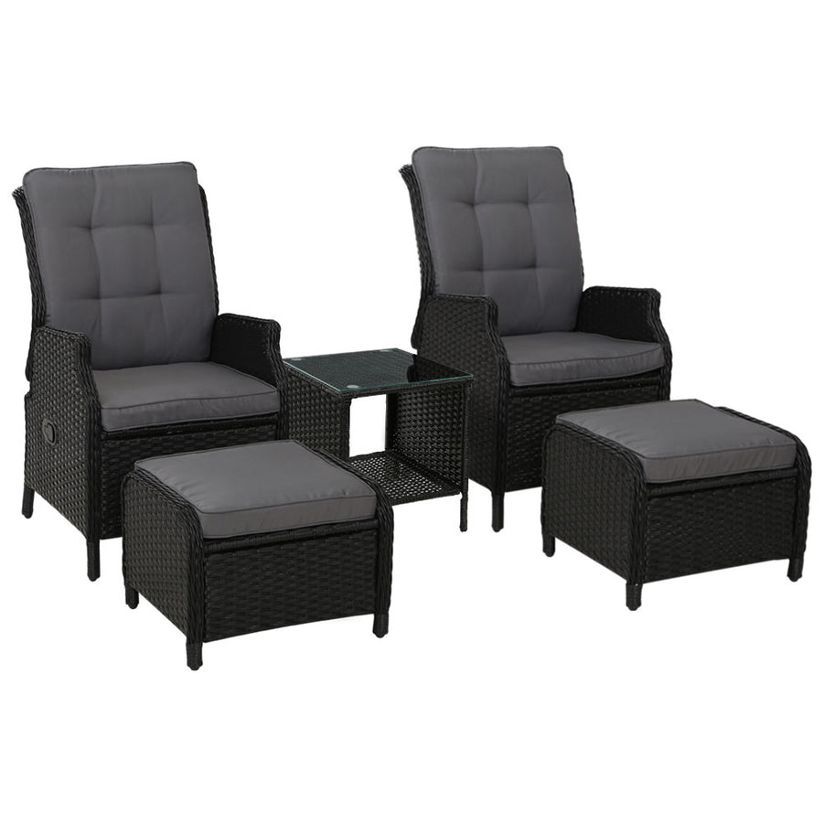 Set of 2 Wicker Reclining Sun Lounge Sofa Chair & Ottoman Set with Centre Table - Black & Grey Homecoze