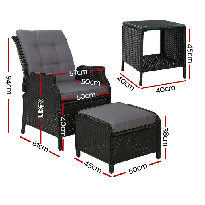 Set of 2 Wicker Reclining Sun Lounge Sofa Chair & Ottoman Set with Centre Table - Black & Grey Homecoze