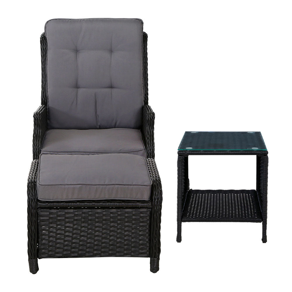 Set of 2 Wicker Reclining Sun Lounge Sofa Chair & Ottoman Set with Centre Table - Black & Grey Homecoze