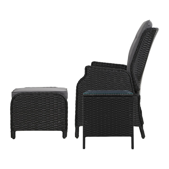 Set of 2 Wicker Reclining Sun Lounge Sofa Chair & Ottoman Set with Centre Table - Black & Grey Homecoze